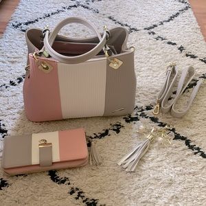 Pomelo purse, pink gray & white, gold. Adjustable shoulder strap option.
